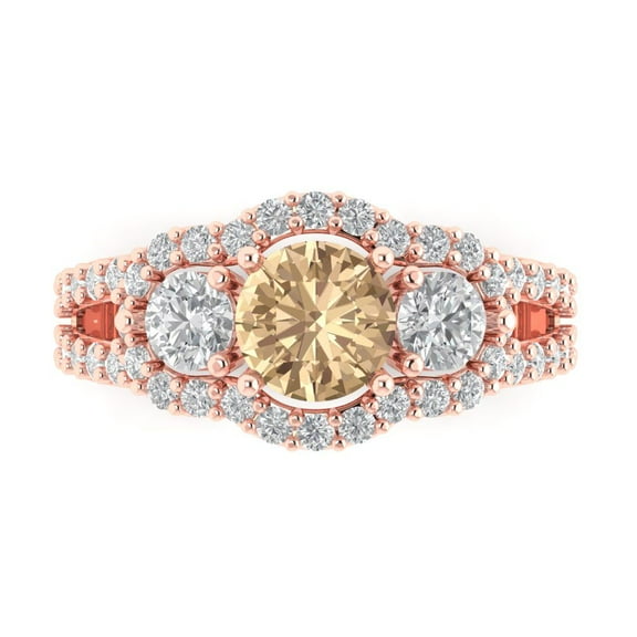 2.16 ct Round Cut Yellow Moissanite 3 Stone 14K Rose Gold Womens Engagement Ring