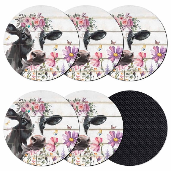 Farmhouse Rustic Coasters for Drinks,Absorbent Non Slip Rubber Drink Coasters Set of 6 for Cup,Table,Bar,Home Decor, Wildflowers Cow Wood Texture Black White