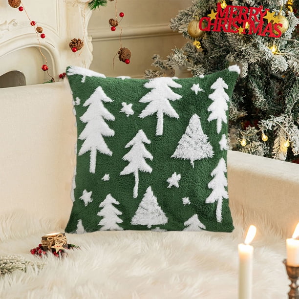 Funda de cojín navideña | Diseño de copos de nieve y árboles | Terciopelo decorativo navideño | Rojo o verde | 45 x 45 cm para sofá y cama