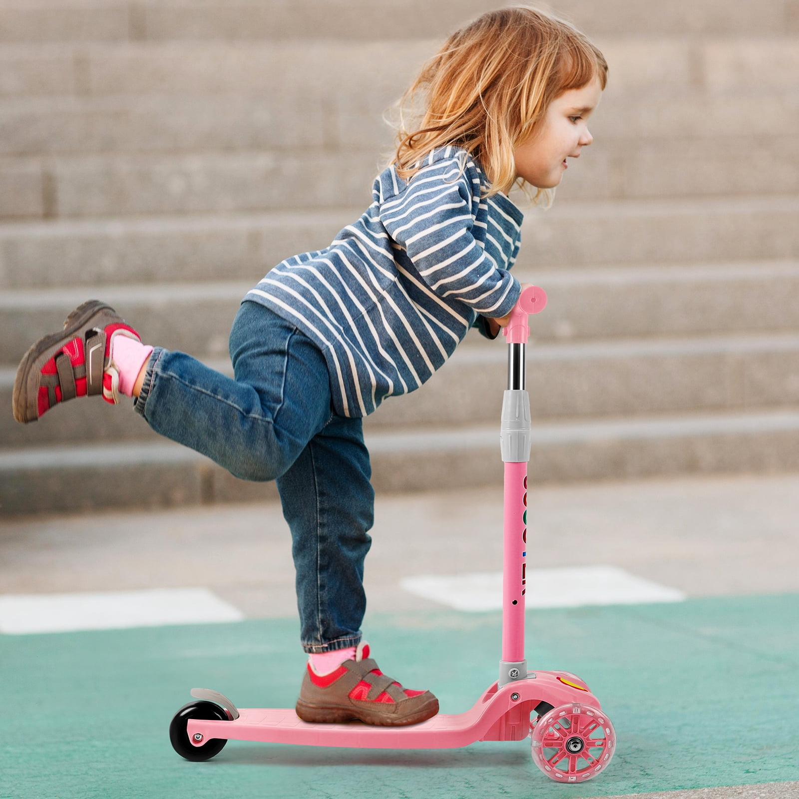 Pink 3 Wheel Kids Adjustable Scooter Big Wheels