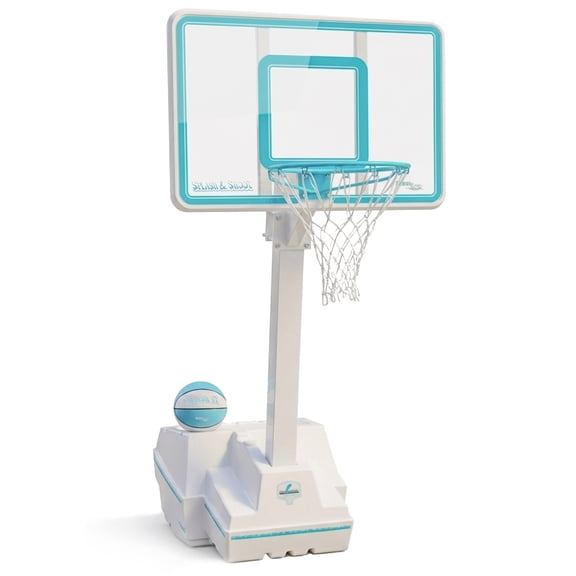 Dunn-Rite Splash and Slam Clear Poolside Fillable Base Basketball Hoop w/Ball, Adjustable Height 18 Inch Stainless Steel Rim, Water-Filled to 500lbs, State-of-The-Art Clear Backboard