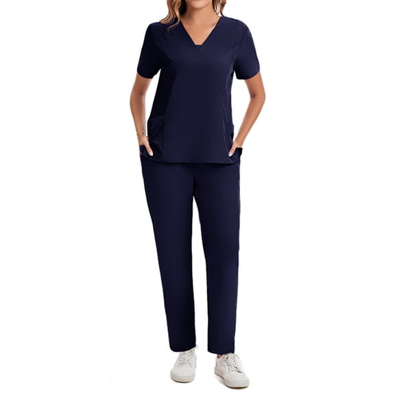 2025 Womens Scrub Sets Stretch 2 Piece Uniforms Suit Nursing Fitted V Neck Top with Jogger Style Pants Navy M