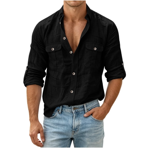 Mrmaere Button Down Shirt Men Roll Up Long Sleeve Casual Work Top With Dual Chest Pockets Black L
