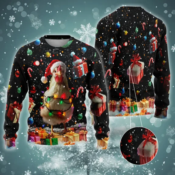 3d Xmas Lights Chicken Christmas Sweaters For Men Women, Merry Christmas All Over Printed Sweaters, Holiday Crewneck Unisex Pullover Sweater