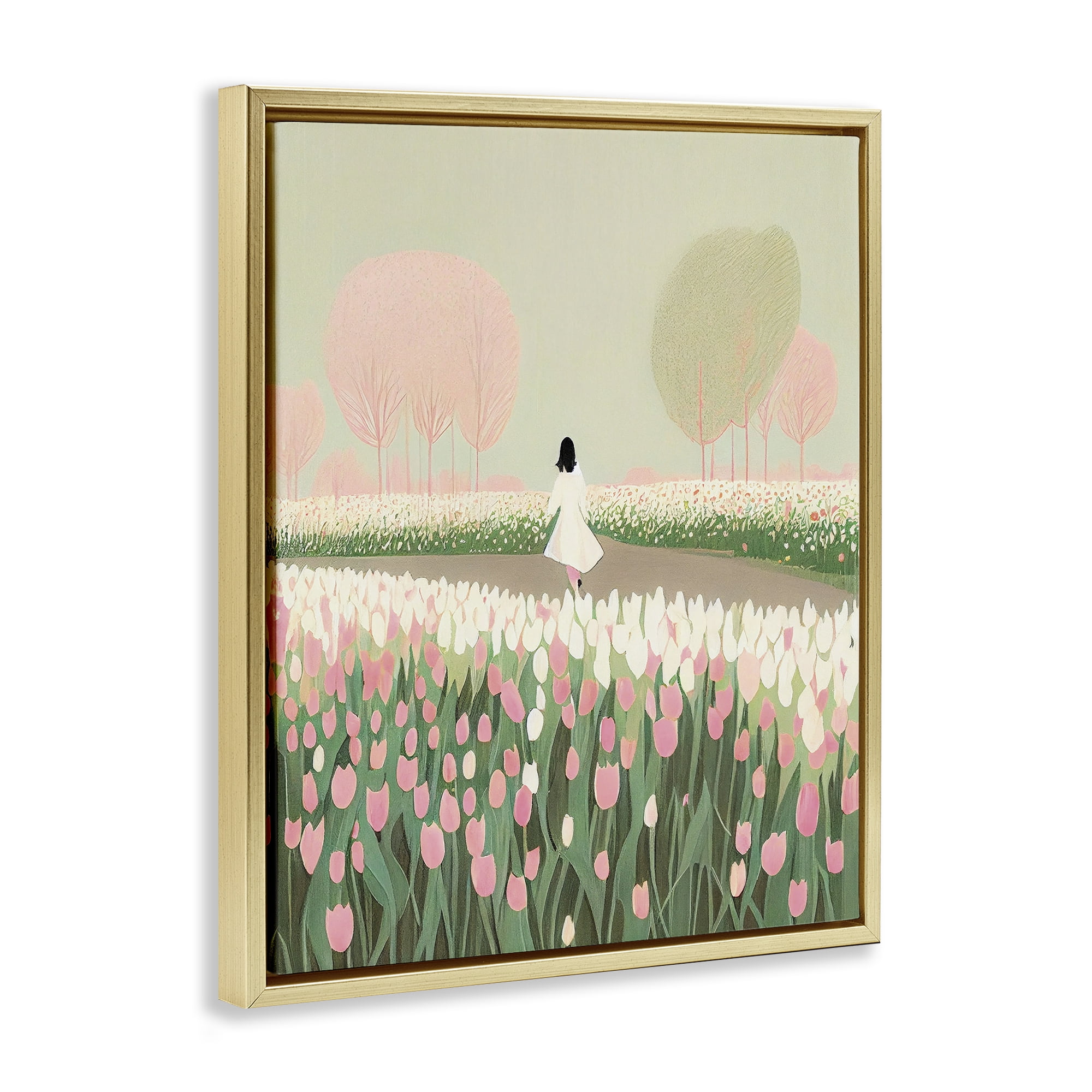 Stupell Industries Walking in Tulip Meadow Landscape Painting Gold Floater Framed Art Print Wall Art, 17 x 21