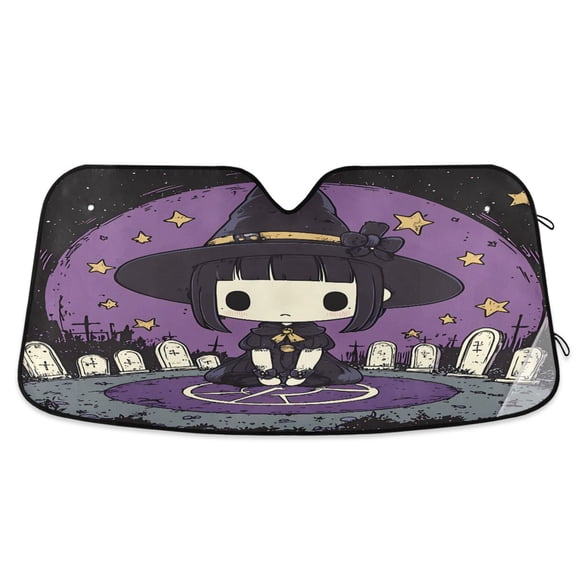 Cute Witch Tombstones Star Car Windshield Sun Shade Foldable Car Front Window Visor Heat and UV Protection 53x23.5