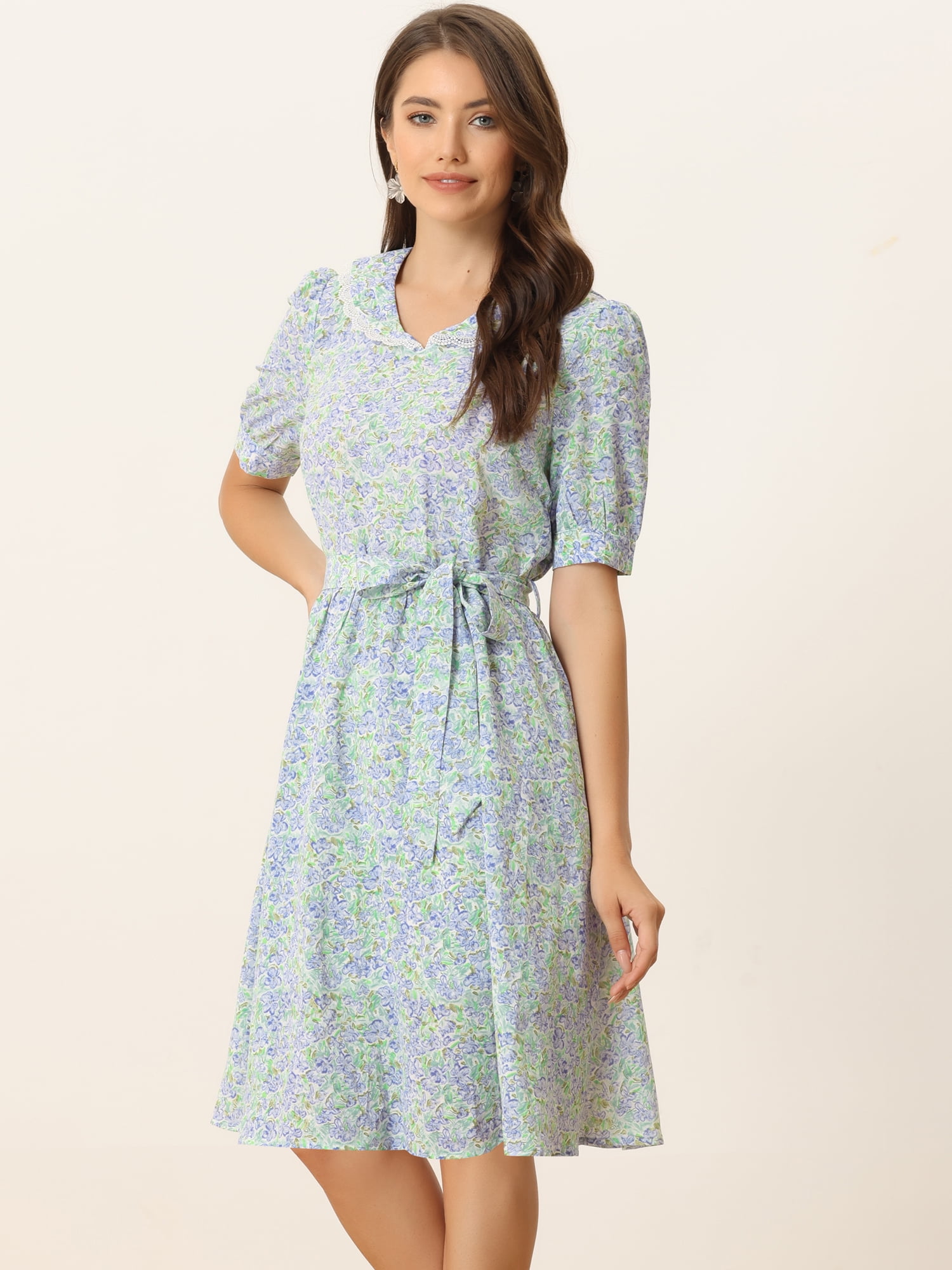 DARING DIVA Peter Pan Collar A-Line Flowy Midi Chiffon Floral Dress L White Floral