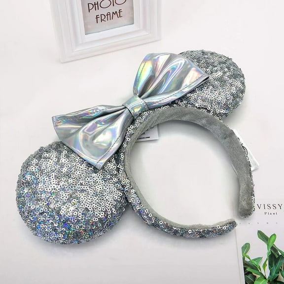Fashion Cinderella Magic Mirror Limited Headband Silver Sequins Bow Minnie Ears Hair Bands New