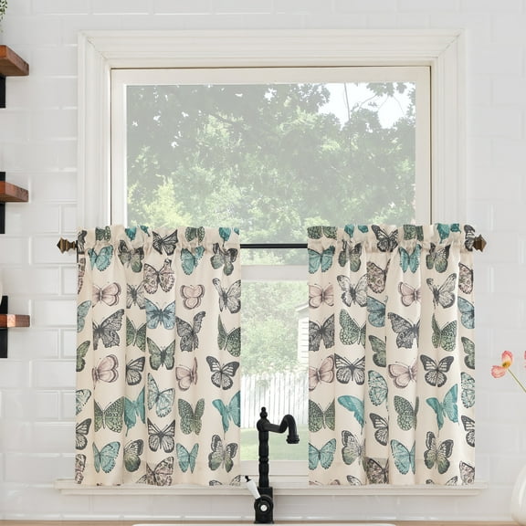 No. 918 Magdalena 2-pack Butterfly Print Sheer Rod Pocket Kitchen Curtains, 56"x24"