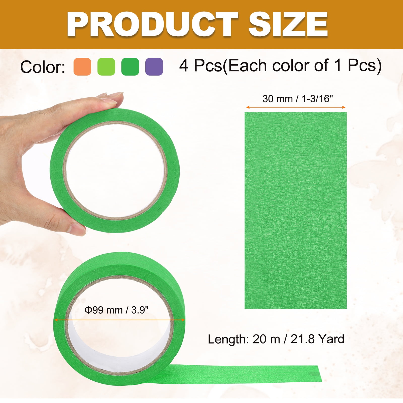 4pcs 1-3/16" x 22 Yard colorful Masking Tape, Green Orange Yellow
