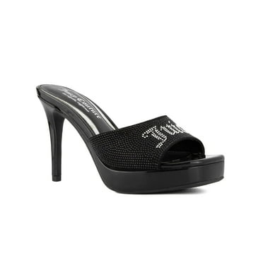 JUICY COUTURE Womens Black Mixed Media Rhinestone Gamer Square Toe Stiletto Slip On Heeled Sandal 6