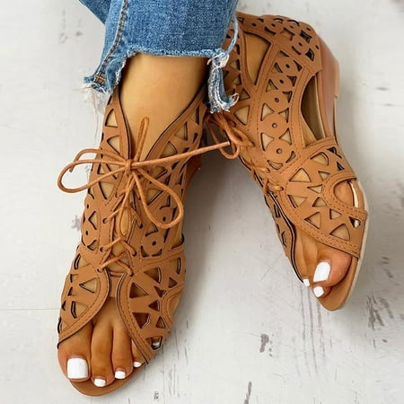 

Summer Casual Sandals for Women Low Heeled Hollow Out Open Toe Back Zippers Vintage Dressy Sandals Fashion Cutout Comfort