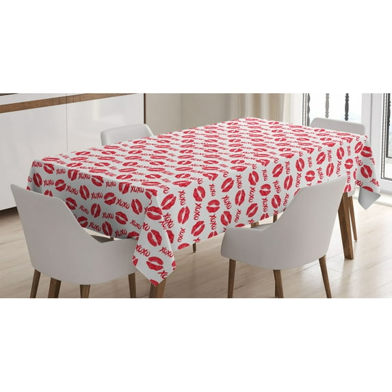 XOXO Tablecloth, Lipstick Kisses and XOXO Acronyms Pattern Love Romantic Feminine Lip Prints, Rectangle Satin Table Cover for Dining Room and Kitchen, 60" X 90", Dark Pink and White, by Ambesonne