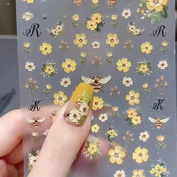 5D Embossed Yellow Flower Bee Nail Stickers, Vintage Watercolor Floral Letter Self-Adhesive Nail Decals, Cute Spring Sunflower Honeybee Manicure Sliders DIY Nail Art Decor Supplies for Women Girls