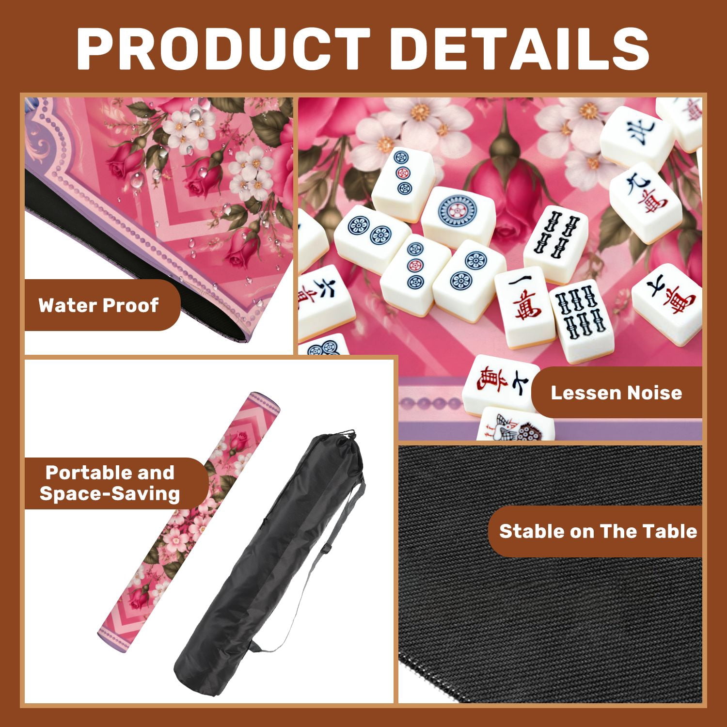 Mahjong Mat 31.5" x 31.5" Floral Border Pink White Camellias Soft Pastel Non-Slip Noise Reduction Mahjong Tiles Table Cover for Dominoes Poker Card Board and Tile Games
