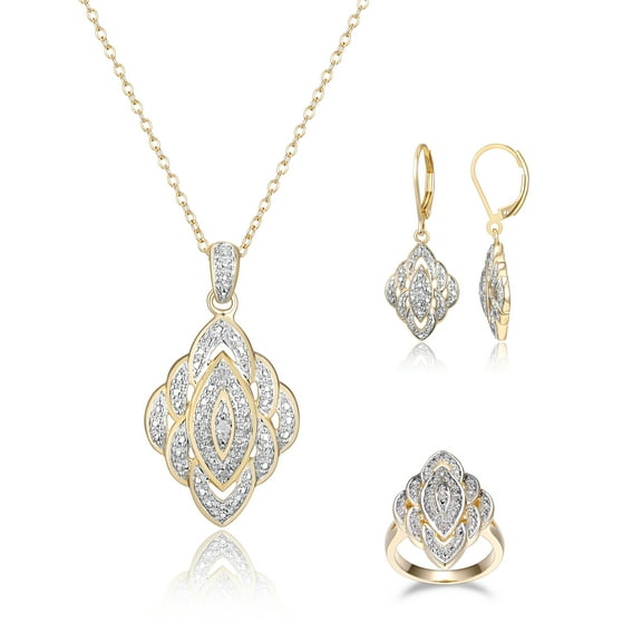 Forever Facets Diamond Accent 3-Piece Vintage Style Earring, Pendant and Ring Set in 18k Yellow Gold over Bronze, Adult Female