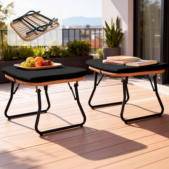Tappio Foldable Ottoman Stools Set of 2, All Weather Wicker Footstool with Cushion and Non-Slip Pads, Outdoor Seating Footrest for Bedroom, Living Room, Porch, Balcony, Black