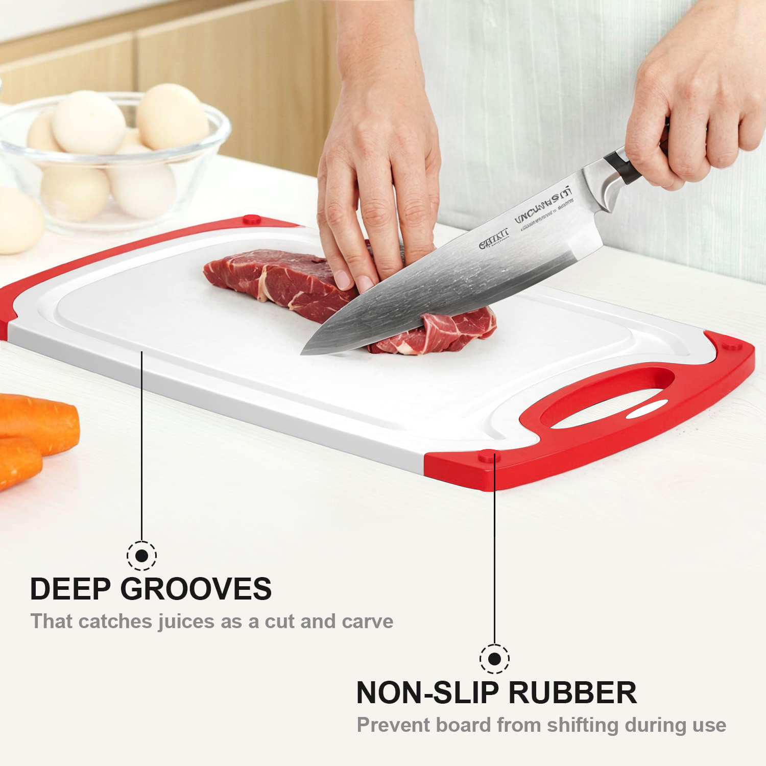 GPED 3-Piece Plastic Cutting Board Set with Juice Grooves, Red photo 7