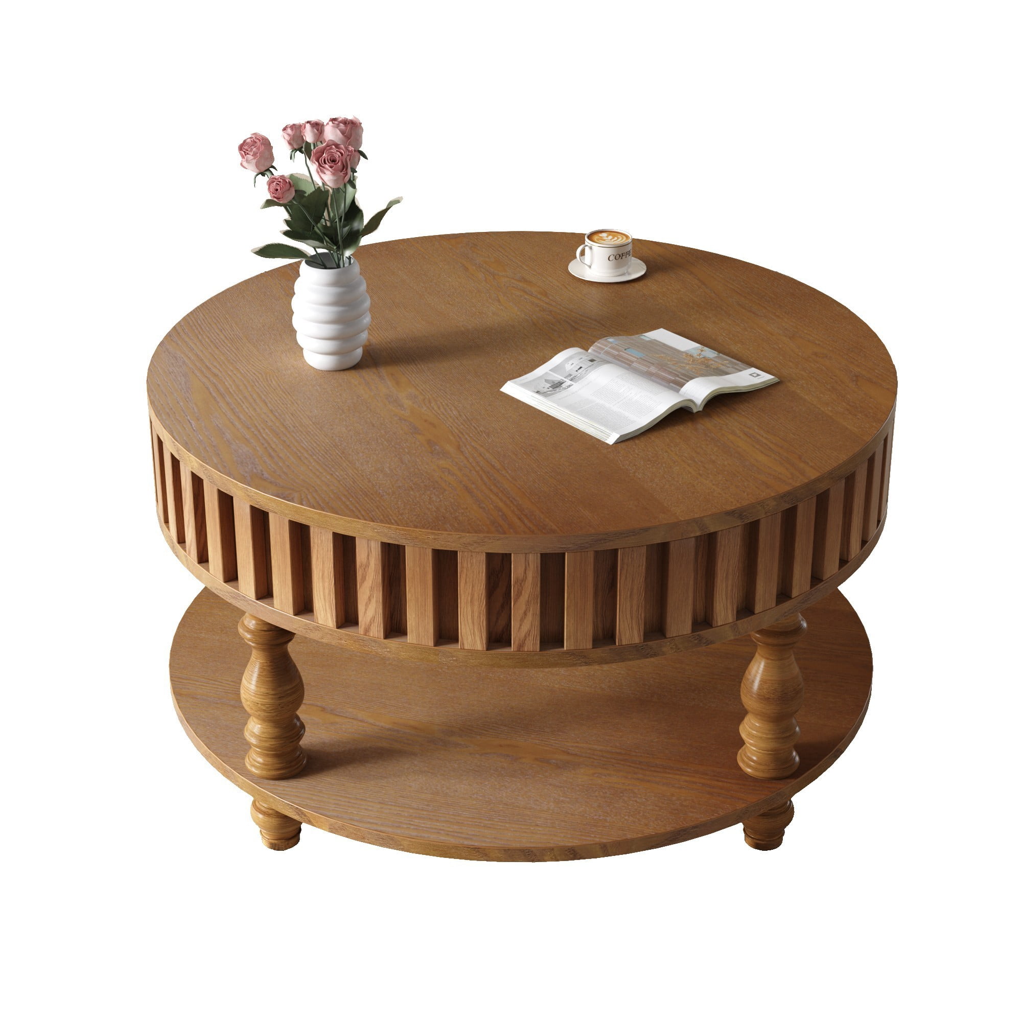 Fluted Coffee Table with Storage, 31.5" Round Coffee Table with Flip Top Lid and Shelf, Mid Century Modern Center Table for Living Room, Walnut