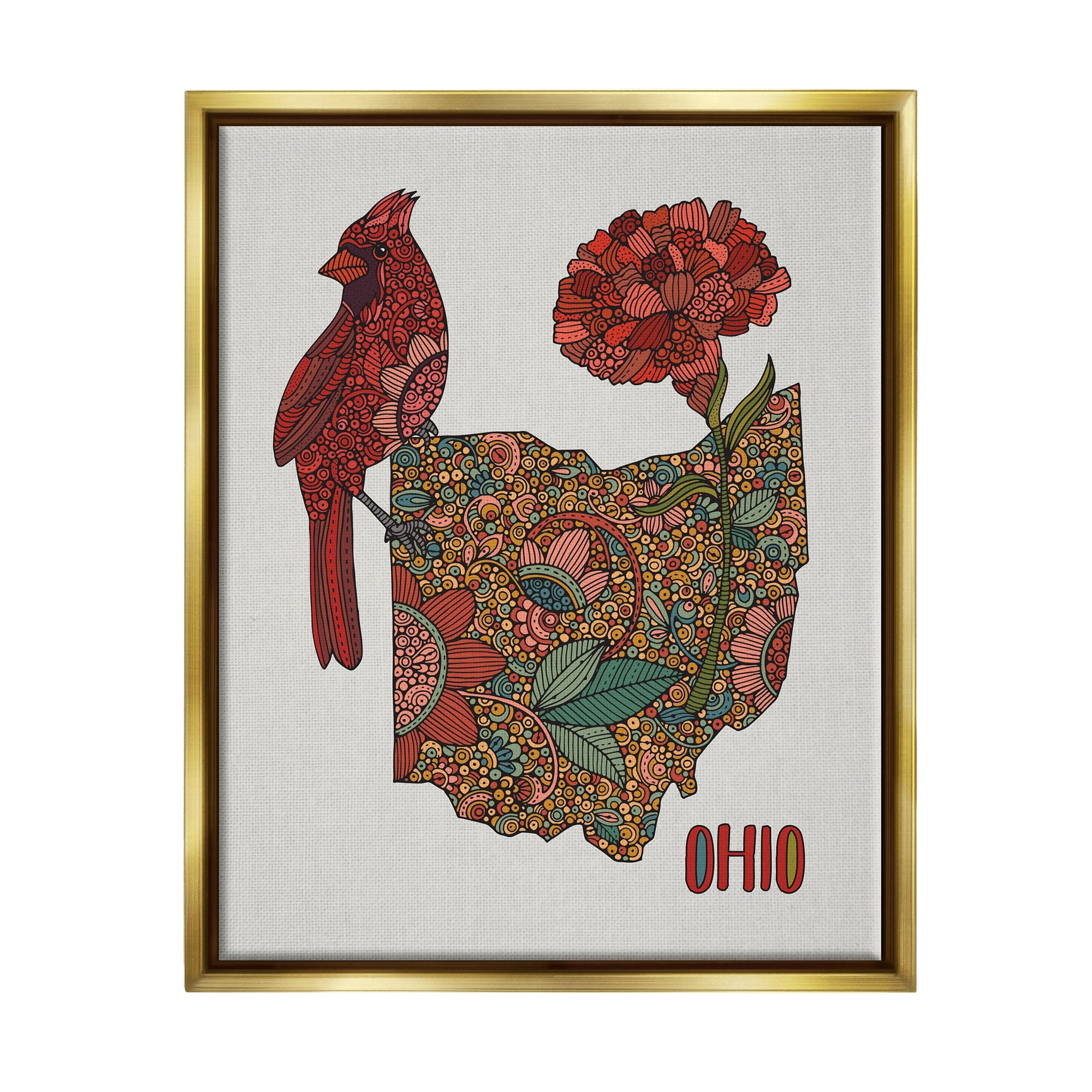 Stupell Industries Ohio State Carnation Blossom Intricate Floral Cardinal Graphic Art Metallic Gold Floating Framed Canvas Print Wall Art, Design by Valentina Harper