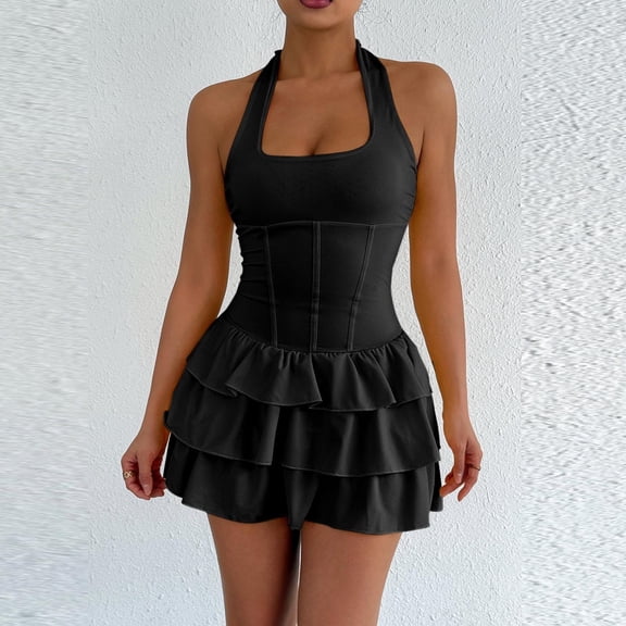 BRGZLK Womens Tank Dress Summer Solid Color Halter Square Neck Solid Color Sleeveless Waist-Cinching Tiered Mini Dress Music Festival Outfits Streetwear Black L
