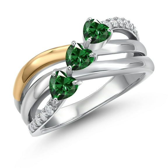 Gem Stone King 925 Silver and 10K Yellow Gold Green Nano Emerald and Lab Grown Diamond Engagement Ring for Women | 1.29 Cttw | Heart Shape Gemstone May Birthstone | Size 6