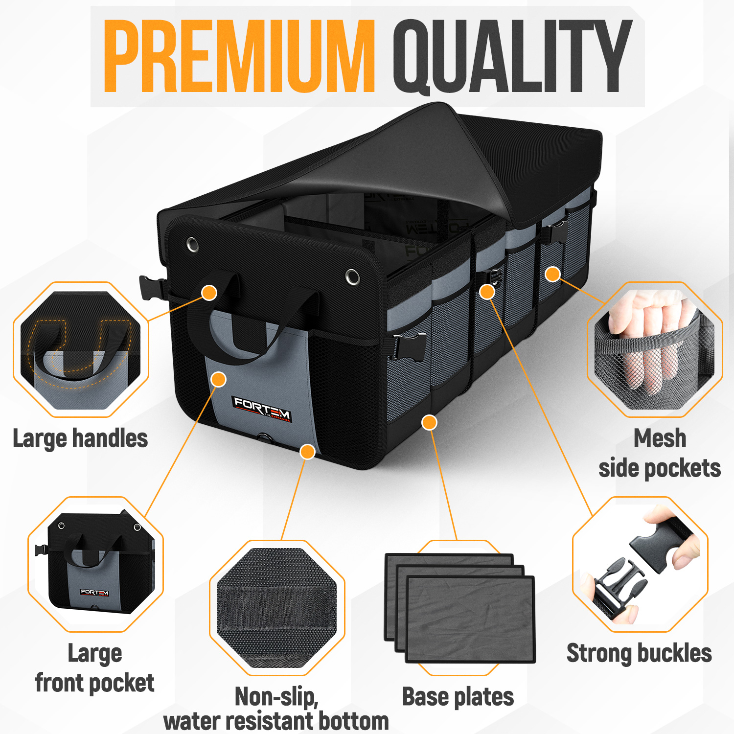FORTEM SUV Trunk Organizer with Cooler, Car Organizer, Collapsible Multi-Compartment Storage Bag for Car Accessories for Women Men, 1680D Oxford, Non Slip Bottom, Adjustable Straps Soft Cover (110L)