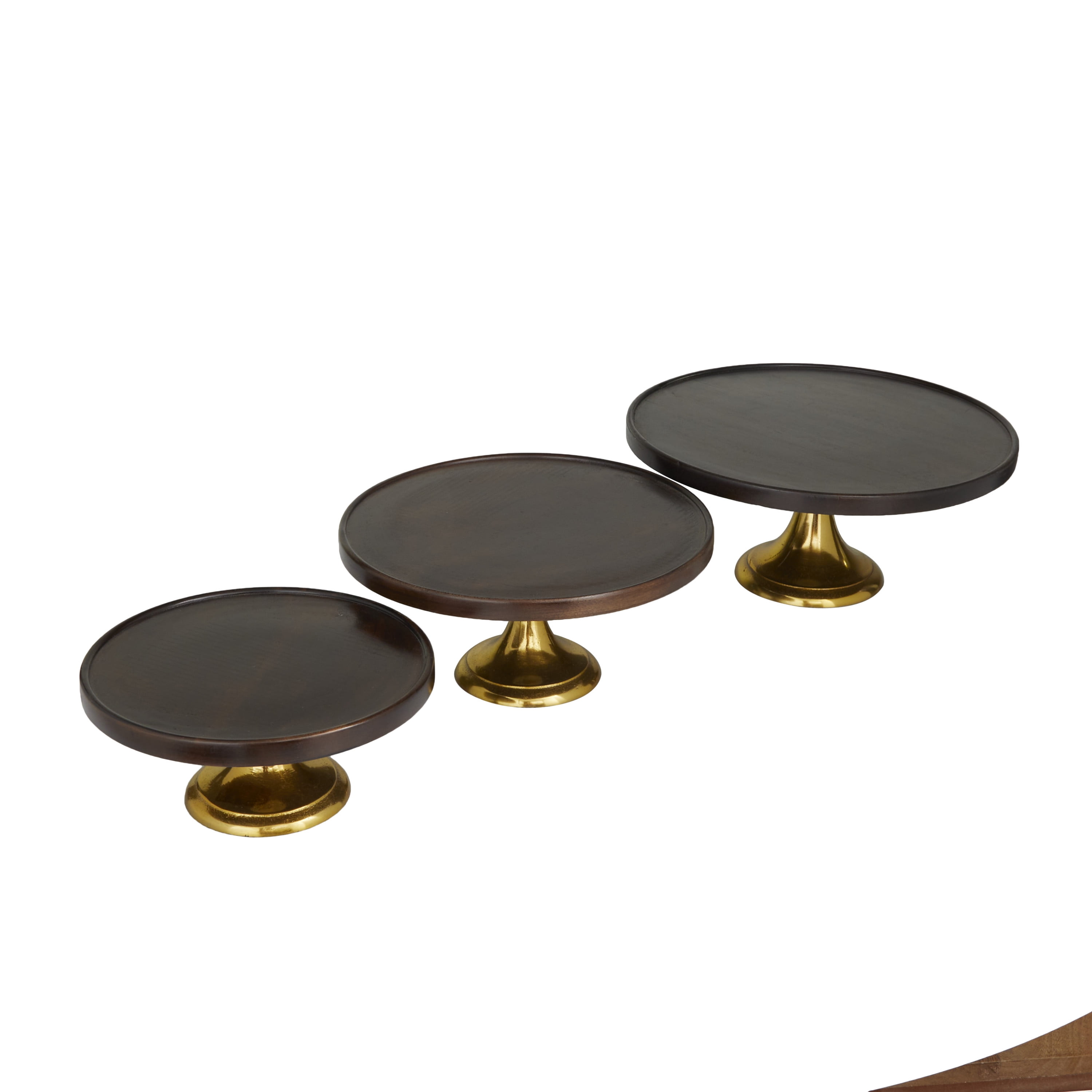 DecMode 14", 12", 10"W Dark Brown Mango Wood Cake Stand with Gold Aluminum Bases, 3-Pieces