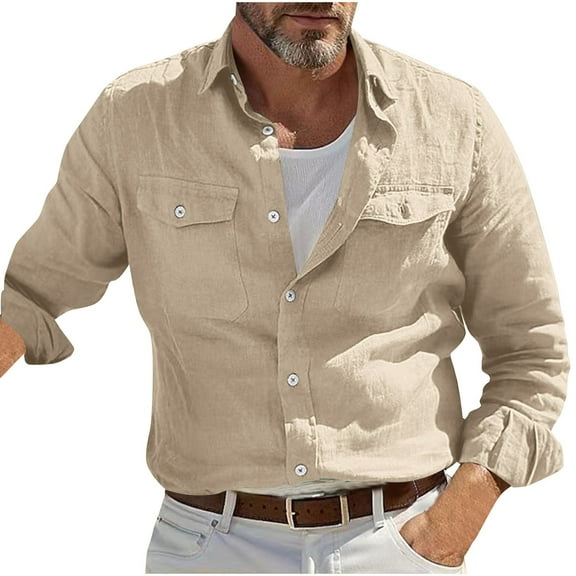Mens Cotton Linen Dressy Blouses, Long Sleeve Shirts for Men Fall Lightweight Casual Solid Color Lapel Button Down T-Shirts with Pockets S-3XL