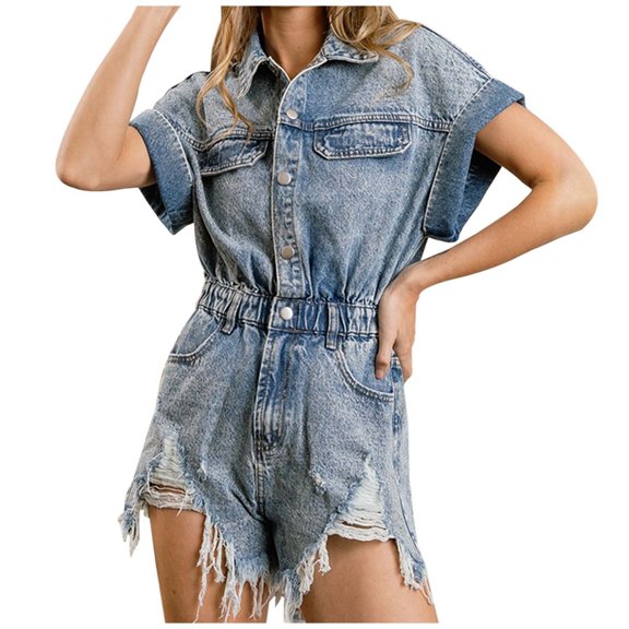 SRZYMJ Business Casual Jumpsuit for Women Stylish Ladies Distressed Denim Jumpsuit Shorts Summer Casual Wear with Elastic Waistband and Comfortable Short