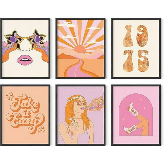 HAUS AND HUES Trippy Posters for Room Aesthetic - Set of 6, Hippie, Retro Wall Art, Indie and Groovy Art Prints for Bedroom Gallery Art, Cute Preppy Pictures (Unframed 8x10)