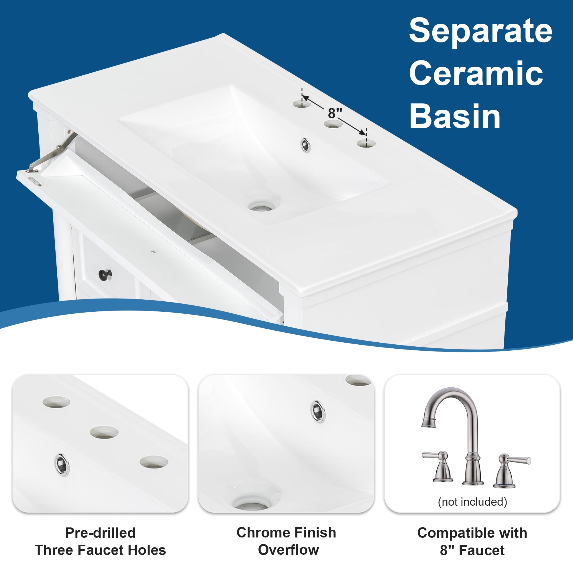 Alvantor 36" Bathroom Vanity with Ceramic Sink, Freestanding Storage Cabinet with Flip Drawers White