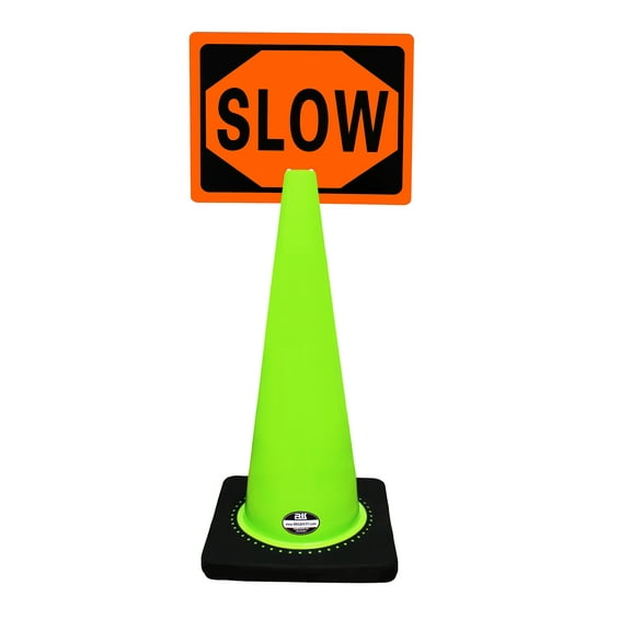 RK-Safety 28" Lime Cone, Black base without Reflective Tape, Plus Cone Sign 24 "Slow" Diamond Shape, (Cone-2 ea Cone Sign-2 ea)