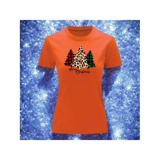 Playera Blusa Con estampado de Pinos De Navidad Merry Christmas Color Anaranjado Talla Grande Marca Emil SaEs