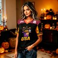 thumbnail image 5 of Domzest Women's USA Pumpkin Soccer Jersey Halloween Elements Raglan V Neck Shirts Color Block Short Sleeve Tee Soccer Viewing, Outdoor & Halloween Gatherings Purple M, 5 of 5