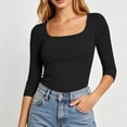 thumbnail image 4 of Hurxie Womens 3/4 Sleeve Scoop Neck Top Ribbed Knit Slim Fitted Casual Basic Tee Shirts Trendy Work T-Shirt Outfits Black,M, 4 of 7