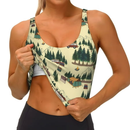 Qokaie Camping Caravan 1 Pattern Womens Scoop Neck Sports Bra Breathable Workout Vest Padded U Back Medium Impact Fitness Gym Yoga Bra Workout Crop Top