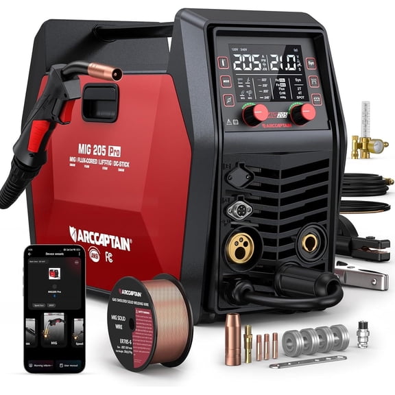 ARCCAPTAIN 205A  Multi-Process MIG Welder, 6 in 1 Gas MIG/Gasless Flux MIG/MMA Stick/Lift TIG/Spot Welding/Spool Gun, App Control