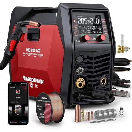 ARCCAPTAIN 205A Multi-Process MIG Welder, 6 in 1 Gas MIG/Gasless Flux MIG/MMA Stick/Lift TIG/Spot Welding/Spool Gun, App Control