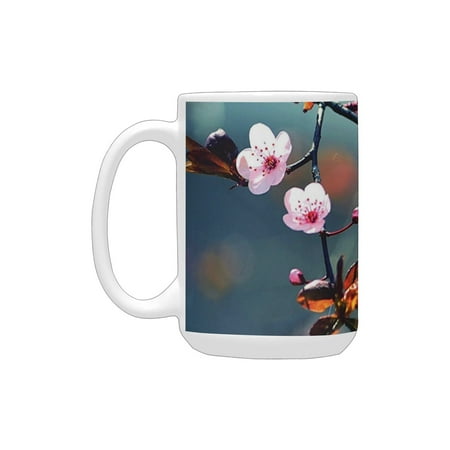 

Nature Japanese Blooming Cherry Tree Flowers on Branch Sakura Theme Picture Light Pink Orange and Bl Ceramic Mug (15 OZ) (Made In USA)