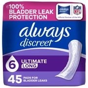 Always Discreet Adult Incontinence Pads for Women, Ultimate Absorbency, Long Length, Postpartum Pads, 45 Count