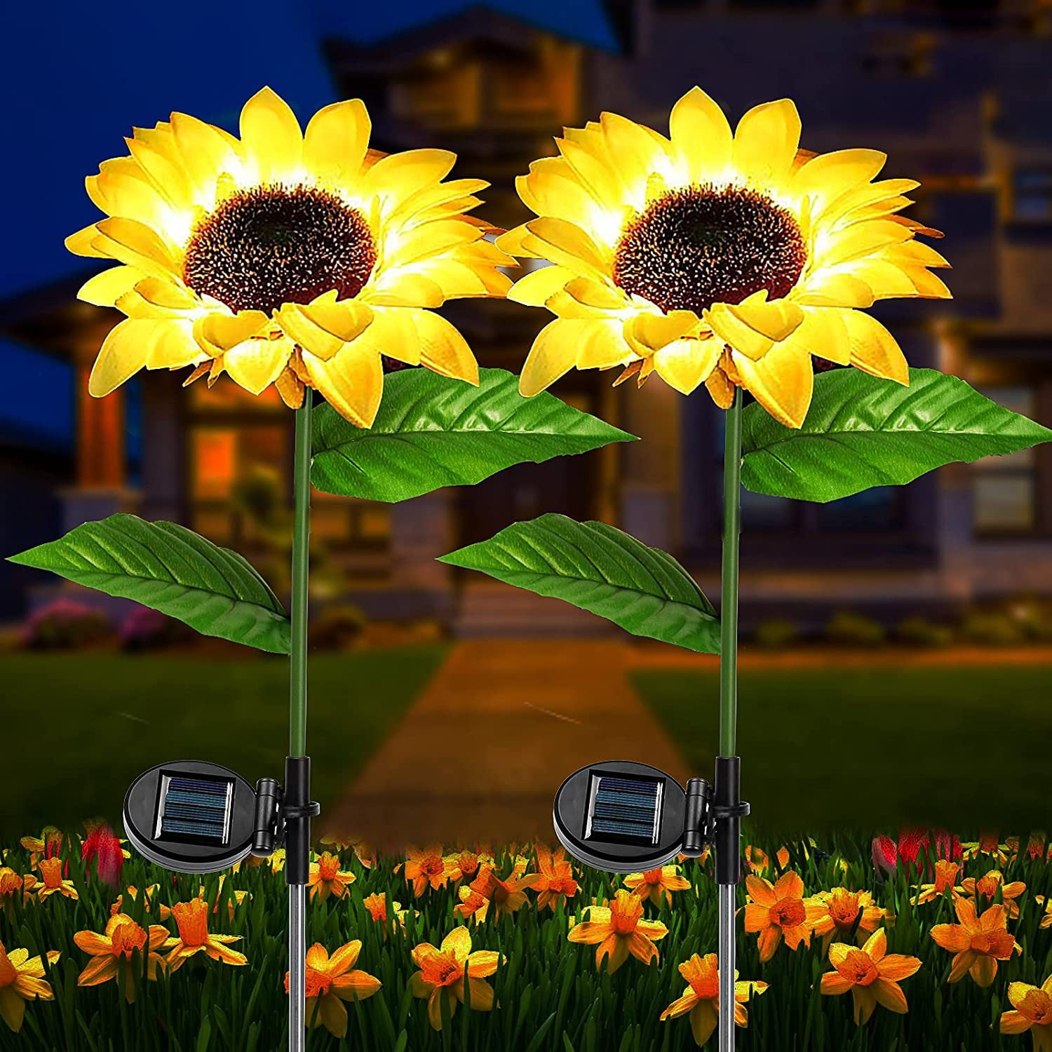 Solar Lights Outdoor Garden Decor Sunflower Decor 2 Pack, Waterproof Solar Flowers Garden Stake Decorations Front Yard Decor Path Lighting