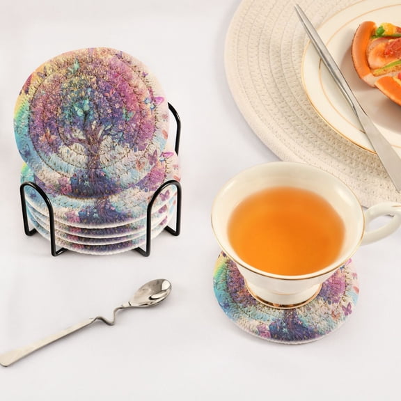 BZSMCE 6Pcs Drink Coasters With Holder 3.94Inch Colorful Tree with Butterflies Creative Coil Coaster Coasters Colors Absorbent Coasters for Drinks Coasters Set Thicken Heat for Home Table