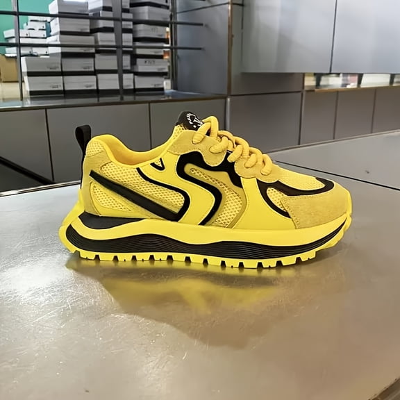 Men's Breathable Mesh American Street Style Dad Sneakers - Thick Platform Height Increase, Vibrant Yellow and Black Stripes, PU/Fabric Upper with Durable Outsole, All-Season Casual Training Running