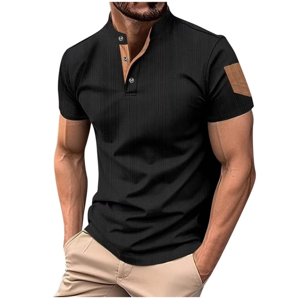 Mens Casual Manga Corta Botón Abajo Camisas Sueltas Ventilar Bolsillos Soporte Collar Superior, Poliéster