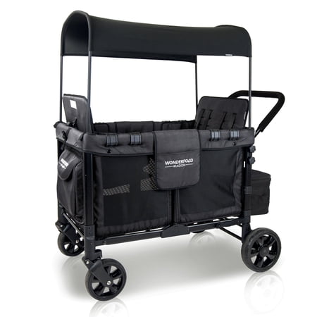 WONDERFOLD W4 4 Seater Multi-Function Quad Stroller Wagon with Removable Raised Seats and Slidable Canopy, Black