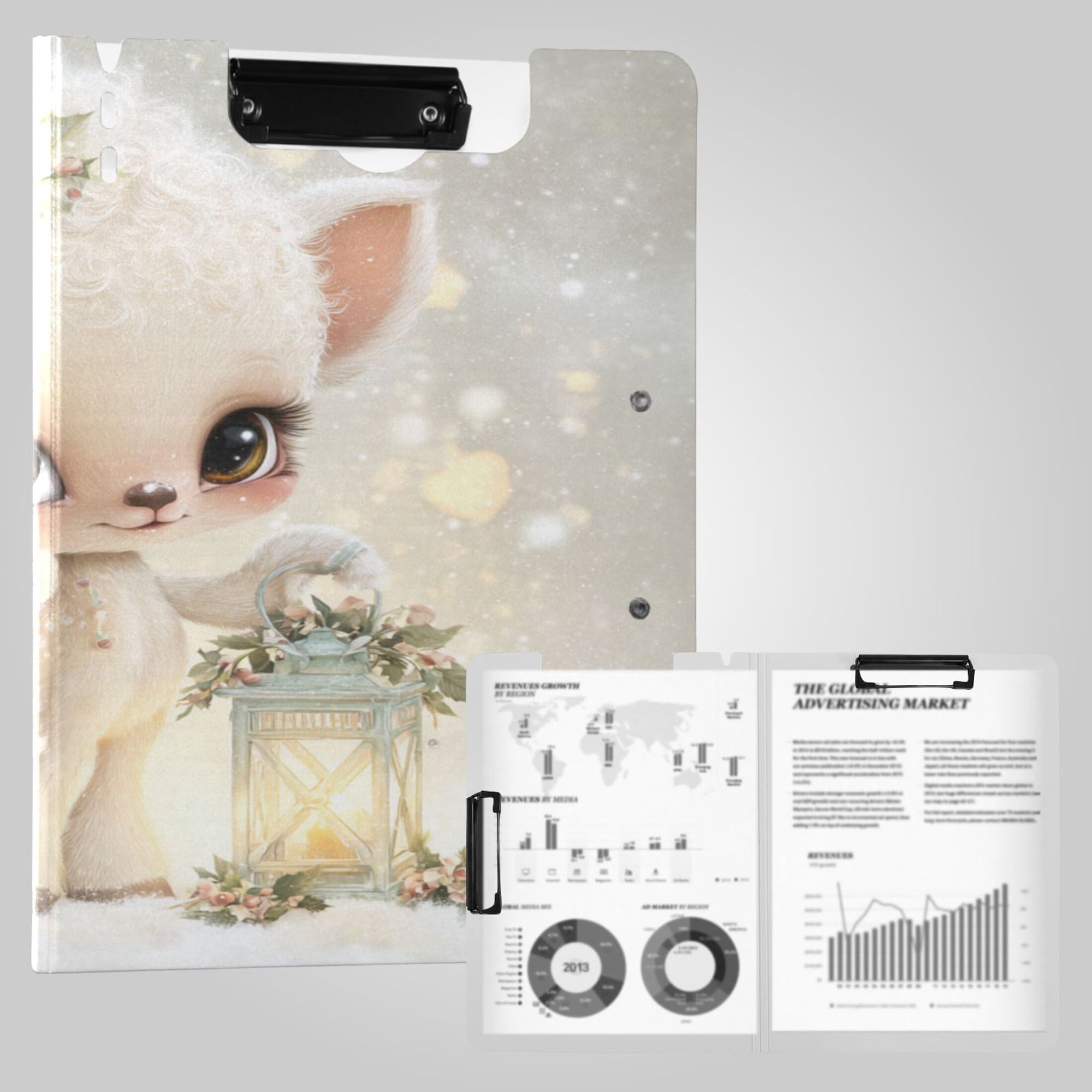 Foldable Binder Clipboards 360°Portable Plastic Folder Clipboard Extra Large Capacity Organizer Binder 18.9" x 12.6" for College Office Home Kawaii Cute Baby Deer