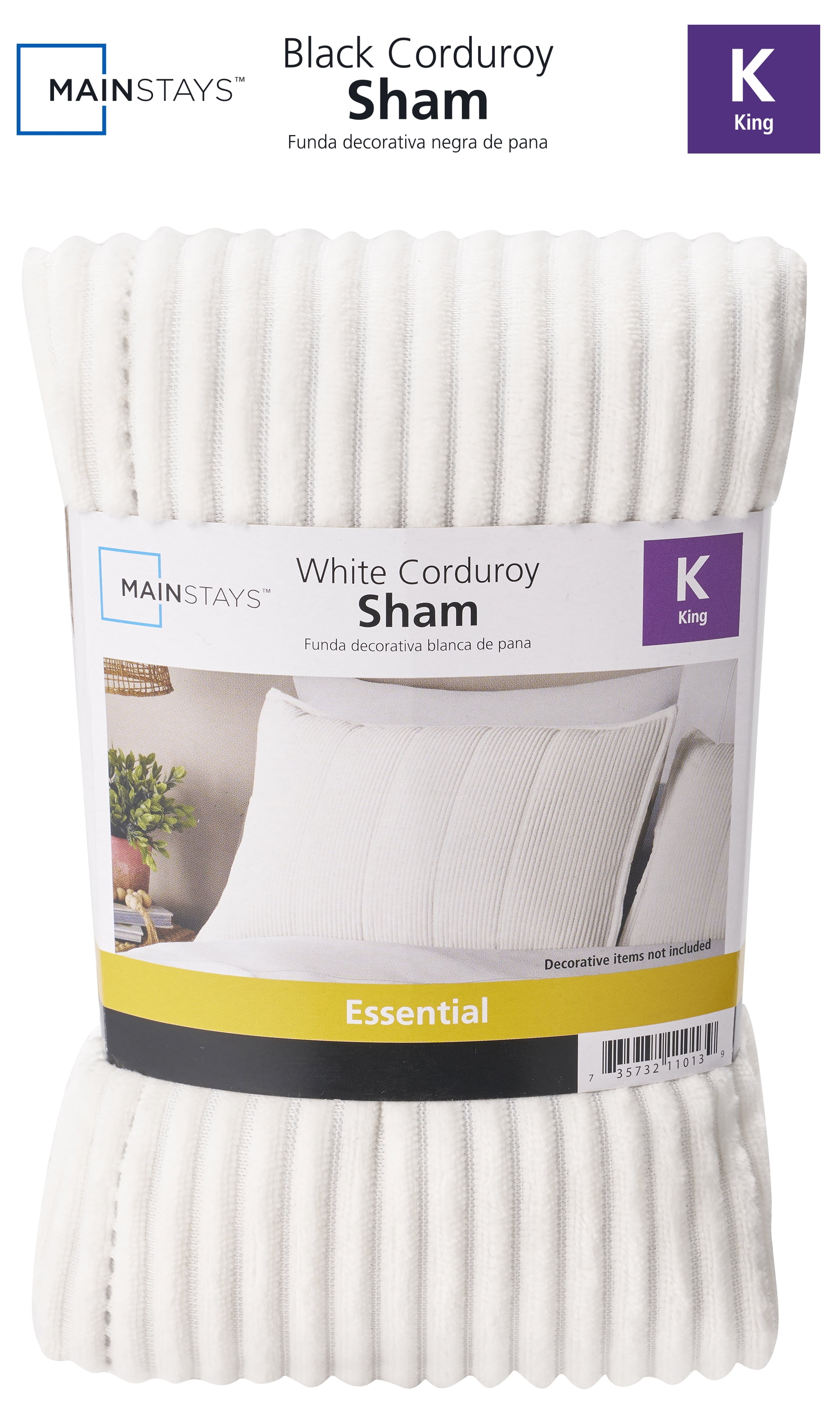 Mainstays Pillow Sham, King, White, Corduroy Microfiber, 1 Pack