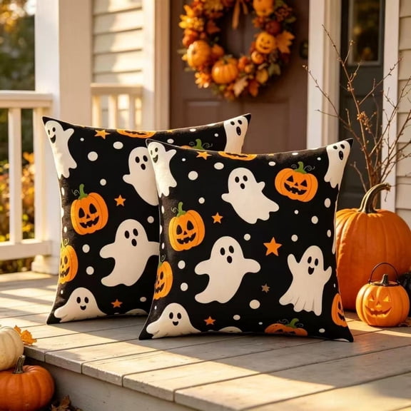 Halloween Throw Pillow Covers 18x18 Set of 2,Cute Spooky Ghost Linen Pillowcase Cushion Cover for Home Sofa Couch