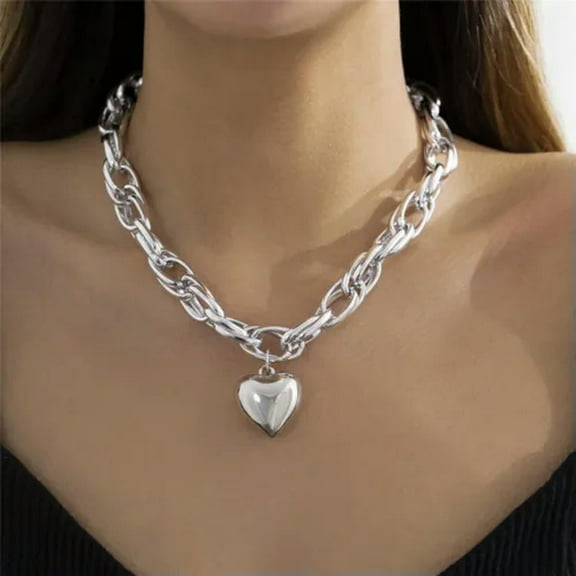 HOOUN Women's Fashion Jewelry Gold or Silver Thick Chain Heart Choker Necklace-Silver